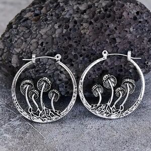 Psychedelic, Hippie, Goth Silver-tone Hoop Earrings with Mushrooms